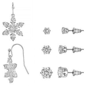 PRIMAVERA 4pc Holiday Snowflake Dangle/Round Stud Silver Plated CZ Earrings Set